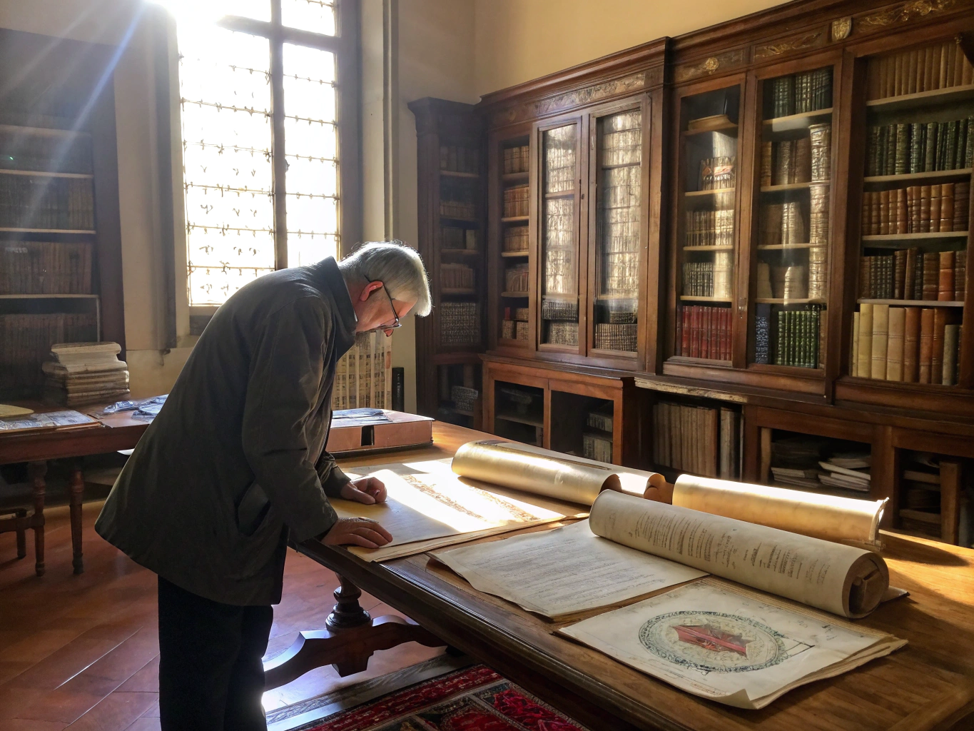 Researcher looking at old documents