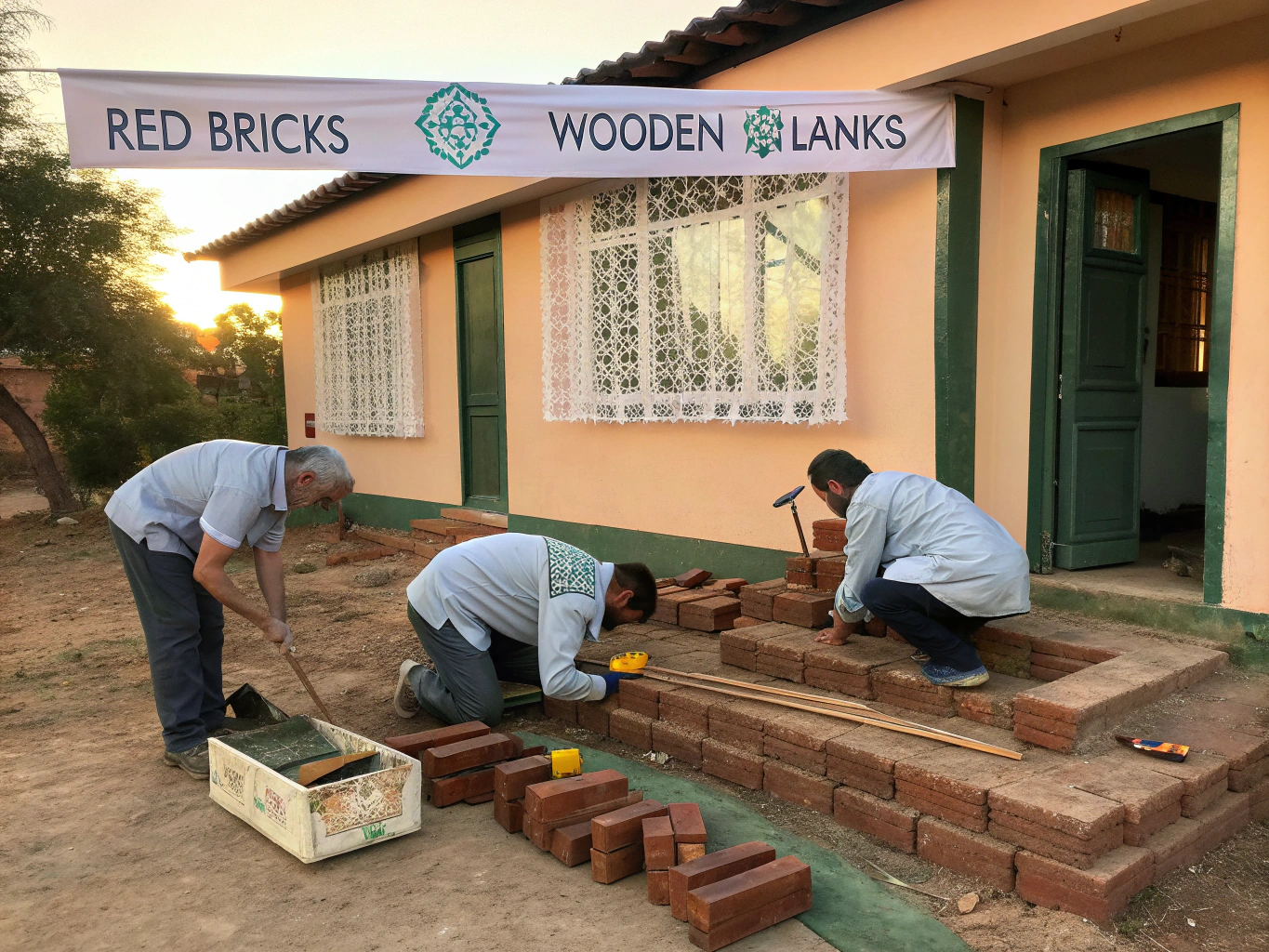 Volunteers working on building restoration